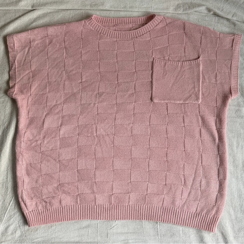 Pink 4XL Basket Weave Texture Checkerboard Knit Short Sleeve Boxy Sweater Boho - Picture 3 of 8